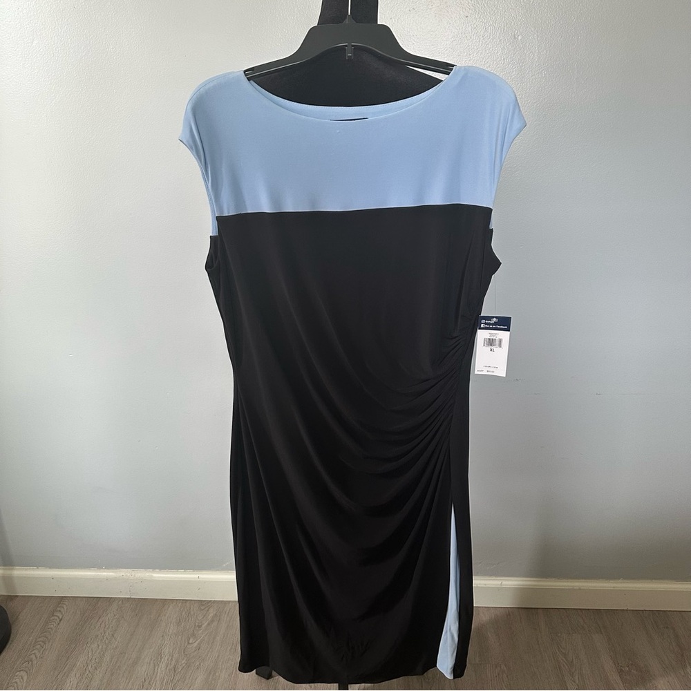 Chaps Blue and Black Asymmetrical Ruched Midi Dress